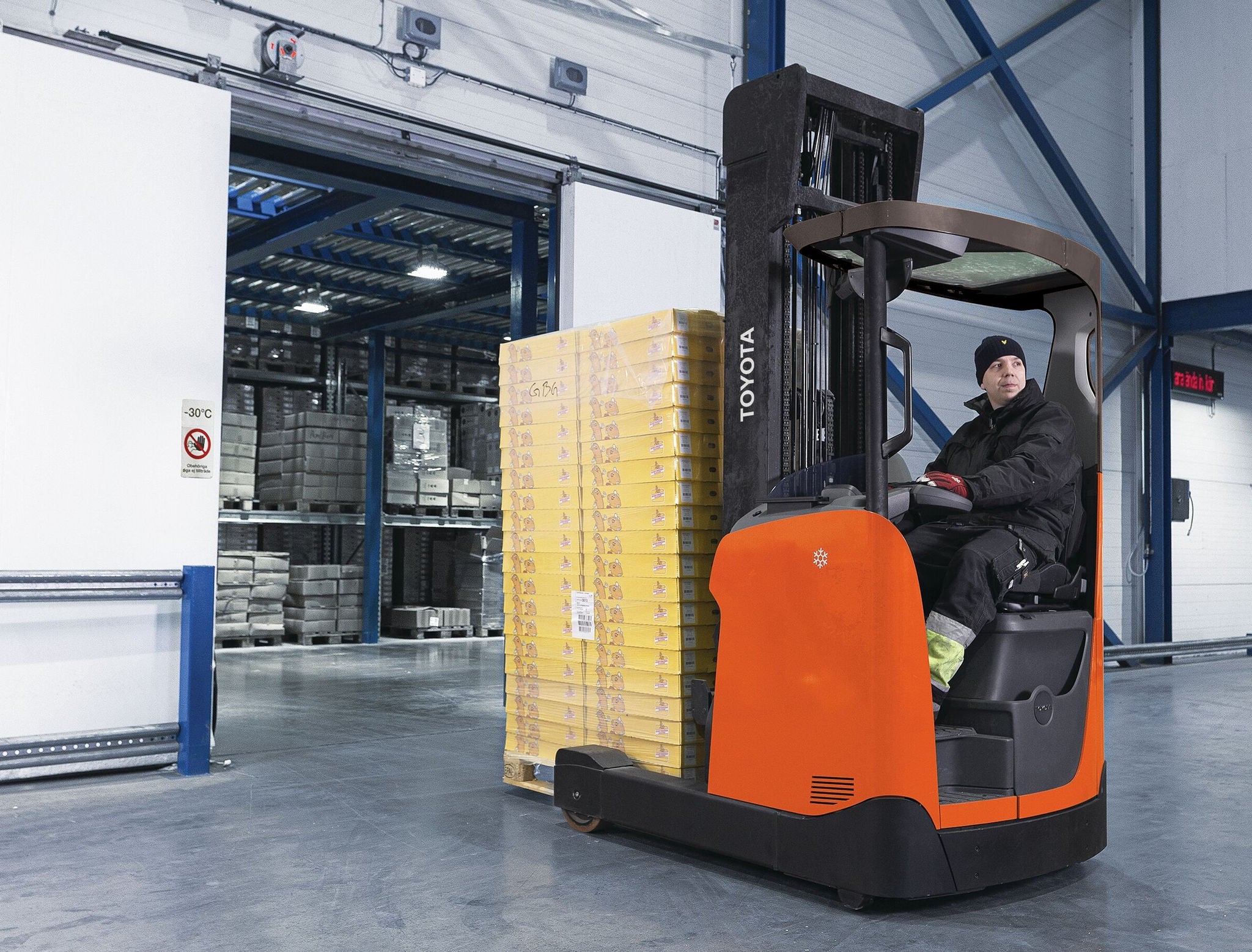 Man wearing heavy coat and hat while using orange forklift in cold storage environment