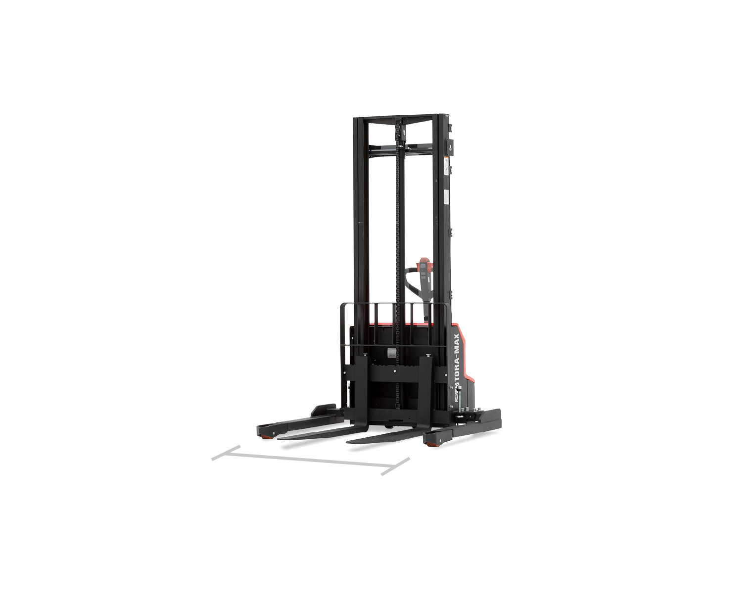 Image of stacker forklift with a line to show how wide the front of the forks are