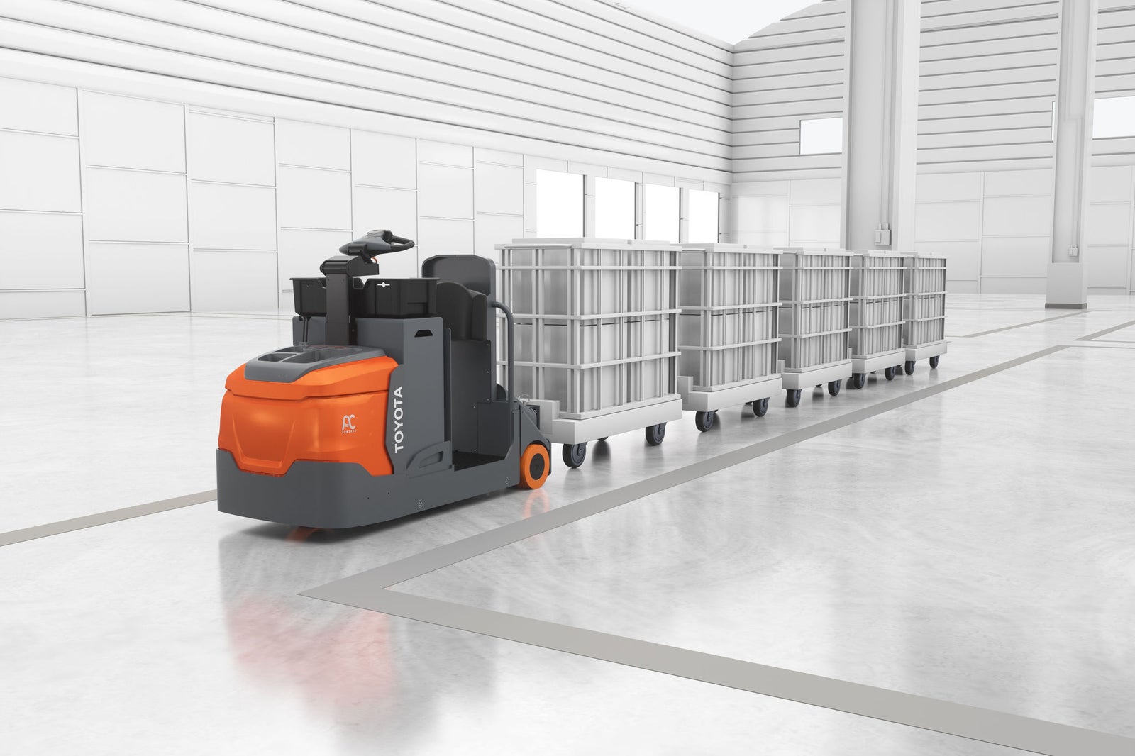orange tow tractor designed to carry products and materials through a warehouse or distribution center 