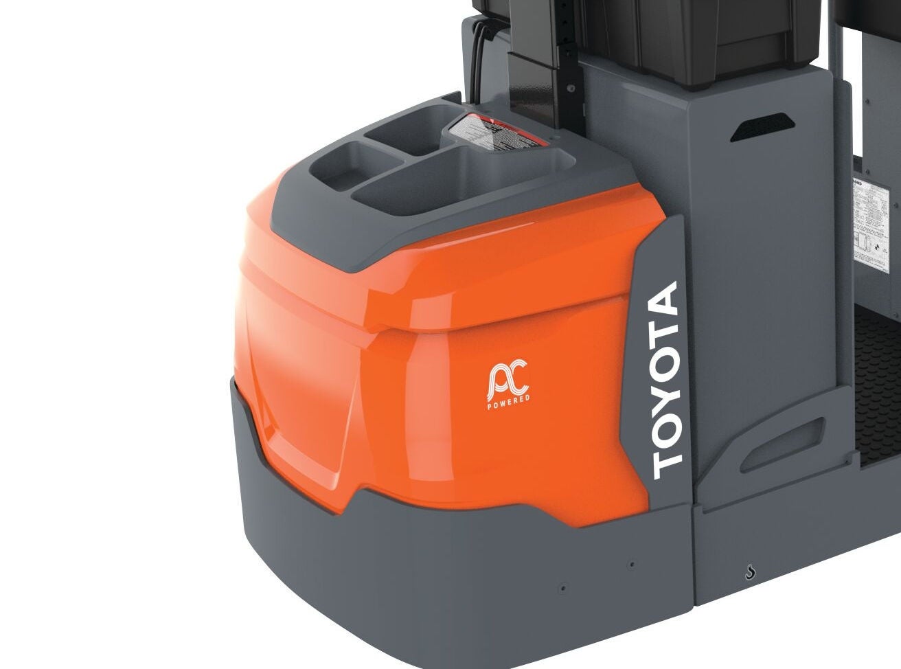 battery mounted storage tray on the front of orange and grey forklift